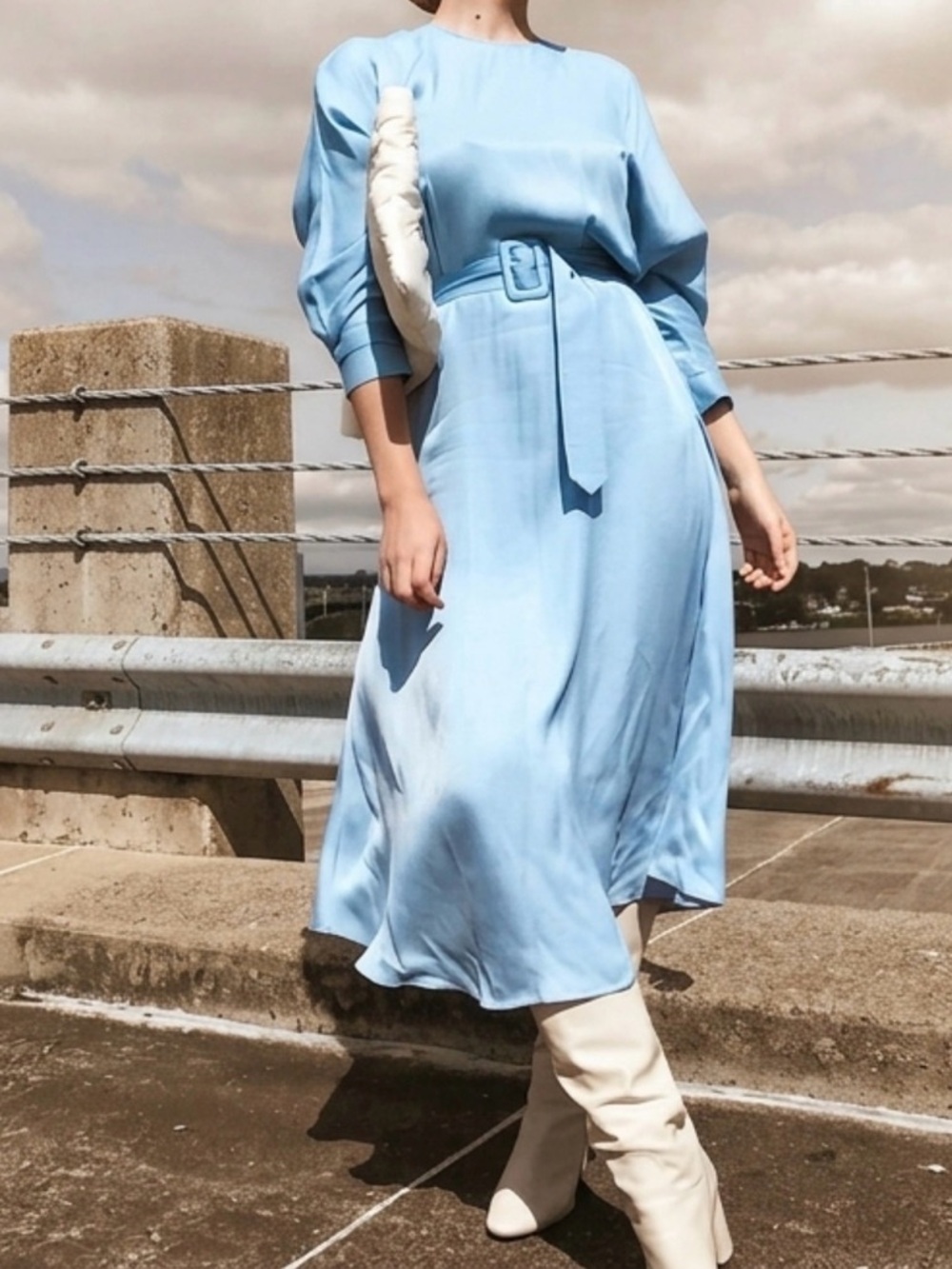ZARA Baby Blue Belted Satin Effect Midi Dress - Picture 2 of 14